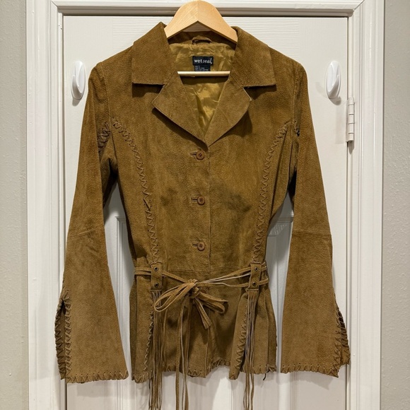 Vtg Y2K Wet Seal Leather Jacket Women’s Sz L Brown Suede Fringe Boho Western 70s - Picture 1 of 11